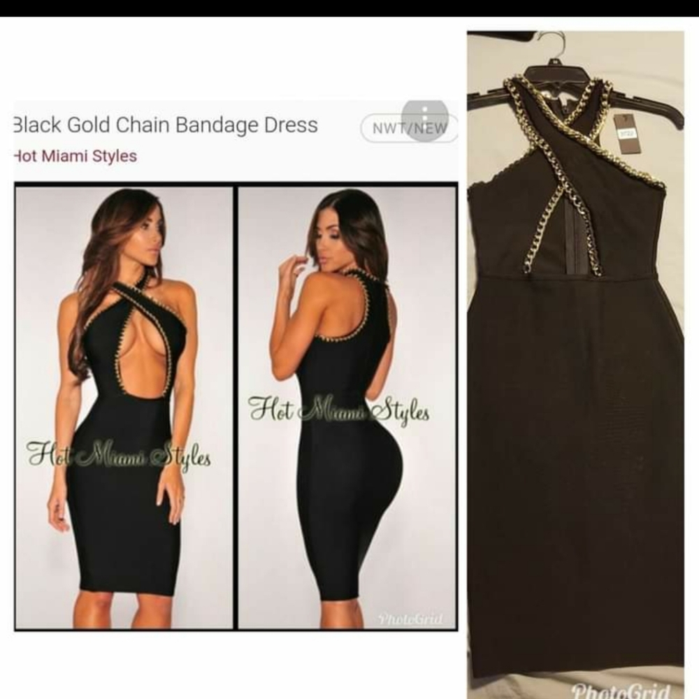 Hot Miami Styles Gold Chain Black Bondage dress